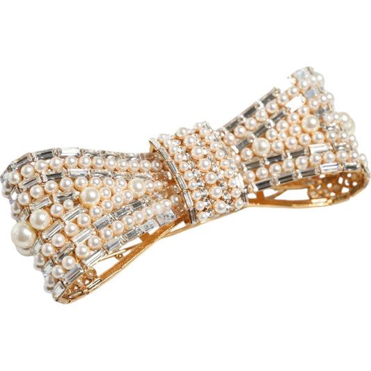 Dolce & Gabbana Gold Tone Brass Bow Crystal FauxPearl Embellished Brooch Brooch Dolce & Gabbana Light Gray