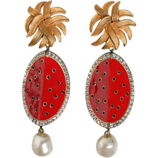Dolce & Gabbana Red Watermelon Gold Brass Crystal Clip Dangling Earrings Earrings Dolce & Gabbana Brown