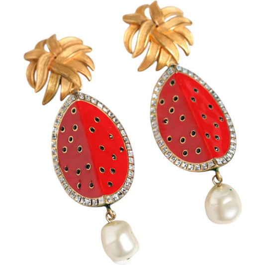 Dolce & Gabbana Red Watermelon Gold Brass Crystal Clip Dangling Earrings Earrings Dolce & Gabbana Tan
