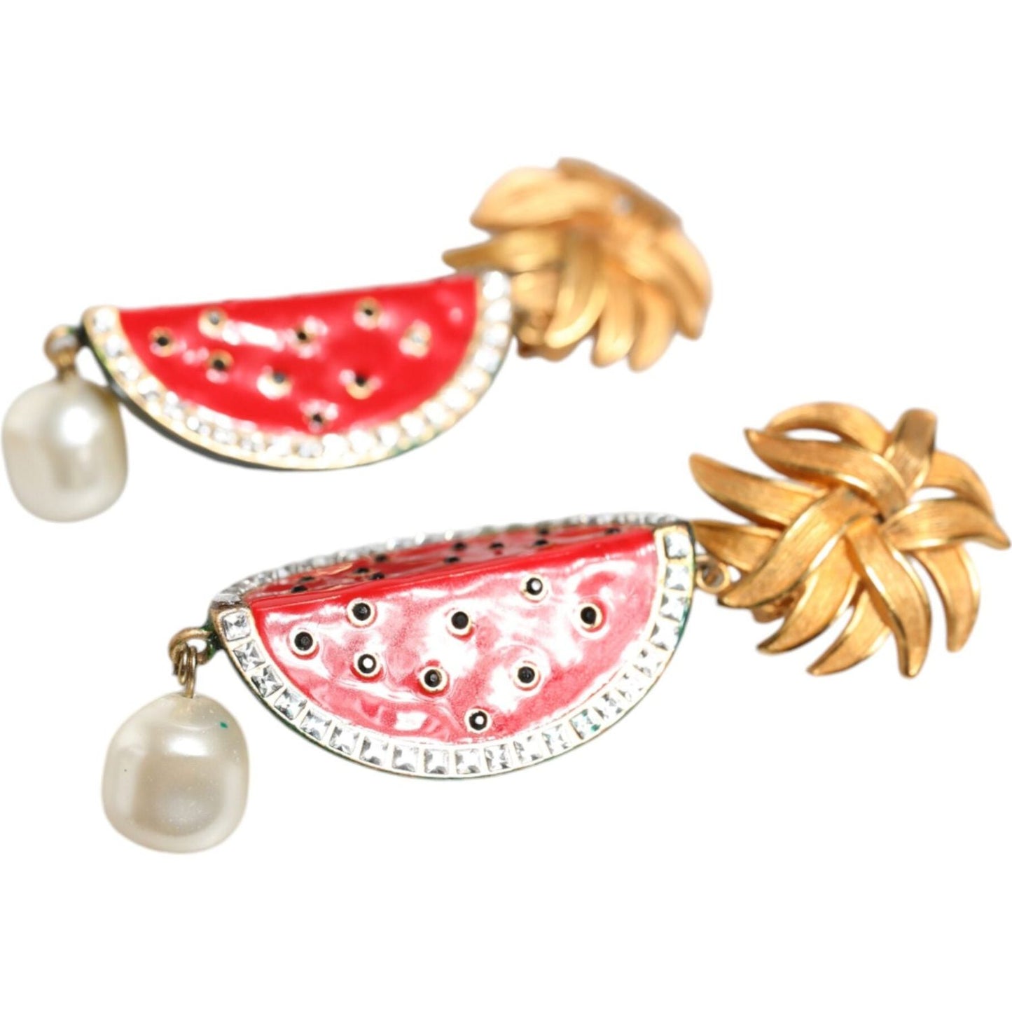 Dolce & Gabbana Red Watermelon Gold Brass Crystal Clip Dangling Earrings Earrings Dolce & Gabbana Wheat