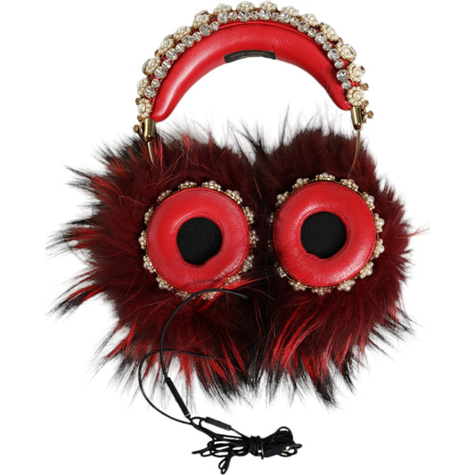 Dolce & Gabbana Red Gold Crystal Fur Headset Audio AUX Headphones Dolce & Gabbana Rosy Brown