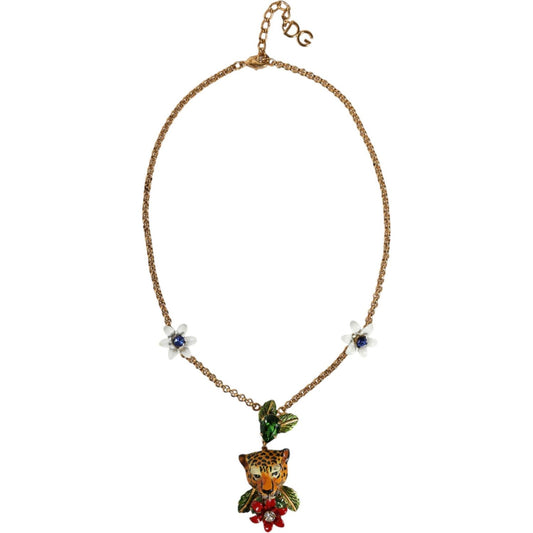 Dolce & Gabbana Gold Brass Leopard Flower Embellished Statement Necklace Necklace Dolce & Gabbana Light Gray