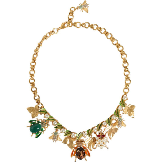 Dolce & Gabbana Gold Brass Crystal Bug Charm Pendant Statement Necklace Necklace Dolce & Gabbana Dark Khaki