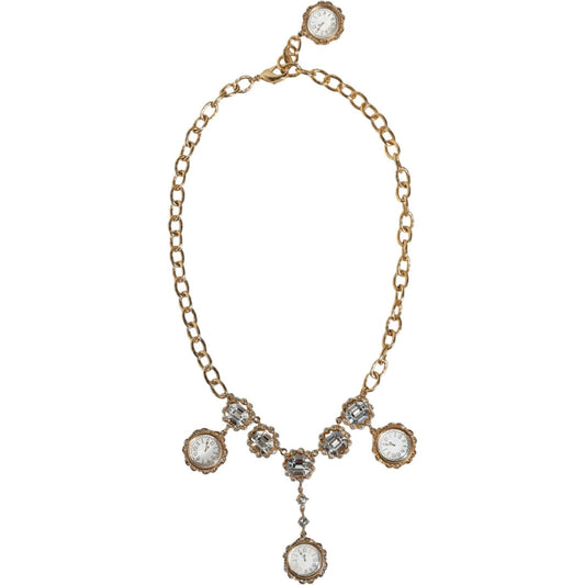 Dolce & Gabbana Gold Chain Brass Crystal Clock Statement Necklace Necklace Dolce & Gabbana Light Gray