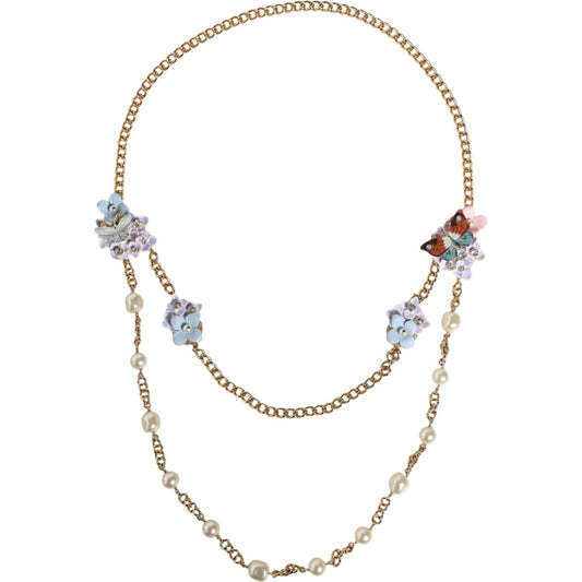Dolce & Gabbana Gold Chain Brass Floral Layered Crystal Pearl Necklace Necklace Dolce & Gabbana Light Gray
