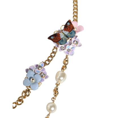 Dolce & Gabbana Gold Chain Brass Floral Layered Crystal Pearl Necklace
