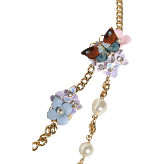Dolce & Gabbana Gold Chain Brass Floral Layered Crystal Pearl Necklace Necklace Dolce & Gabbana Gray