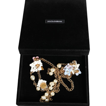 Dolce & Gabbana Gold Chain Brass Floral Layered Crystal Pearl Necklace