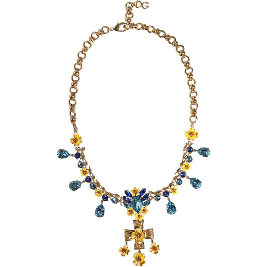 Dolce & Gabbana Gold Brass Chain Floral Crystal Cross Pendant Necklace Necklace Dolce & Gabbana Light Gray