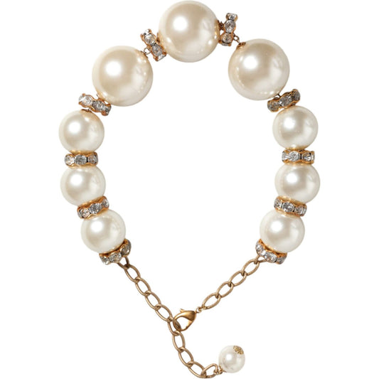 Dolce & Gabbana White Maxi Faux Pearl Beads Crystals Gold Chain Necklace Necklace Dolce & Gabbana Light Gray