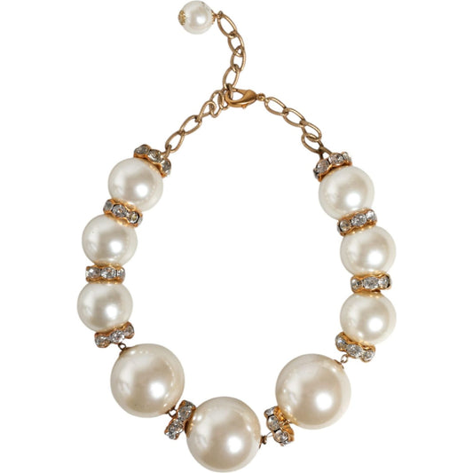 Dolce & Gabbana White Maxi Faux Pearl Beads Crystals Gold Chain Necklace Necklace Dolce & Gabbana Gray