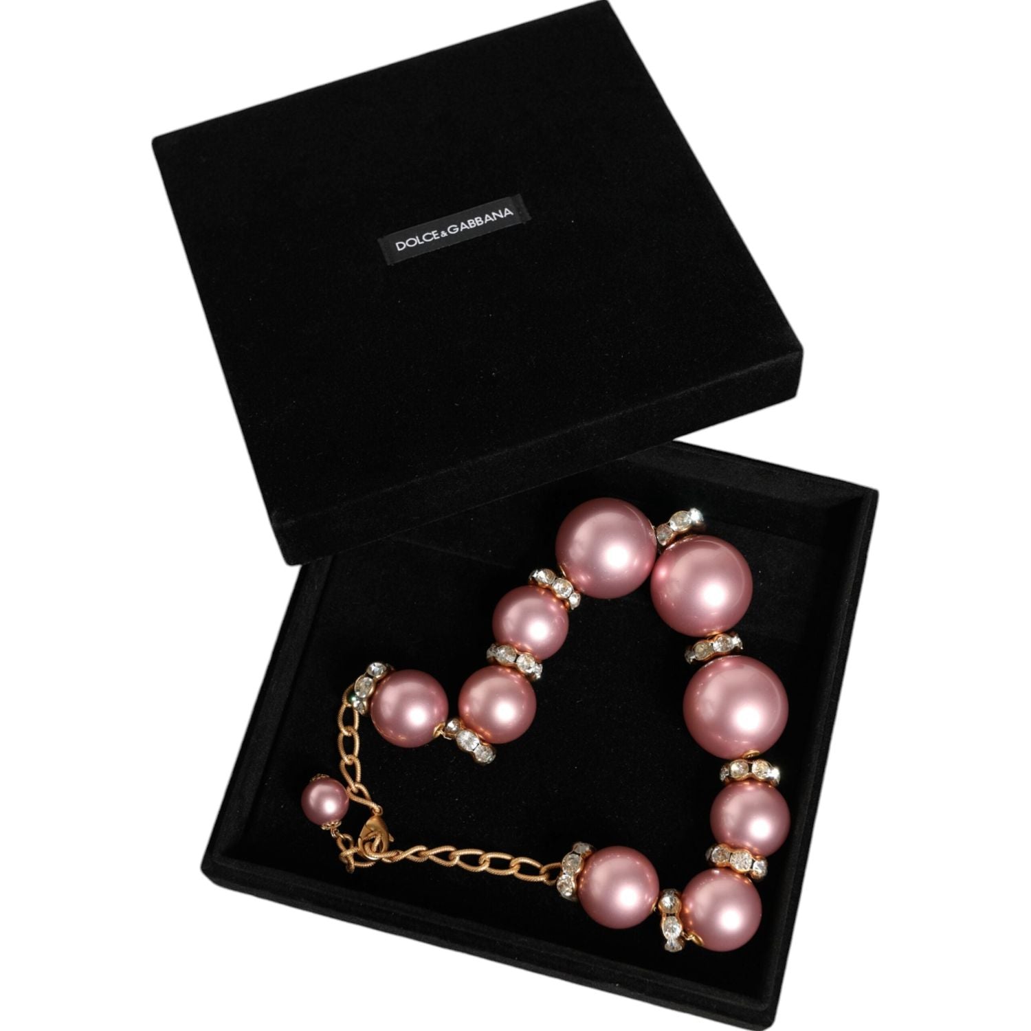 Dolce & Gabbana Pink Maxi Faux Pearl Beads Crystals Gold Chain Necklace