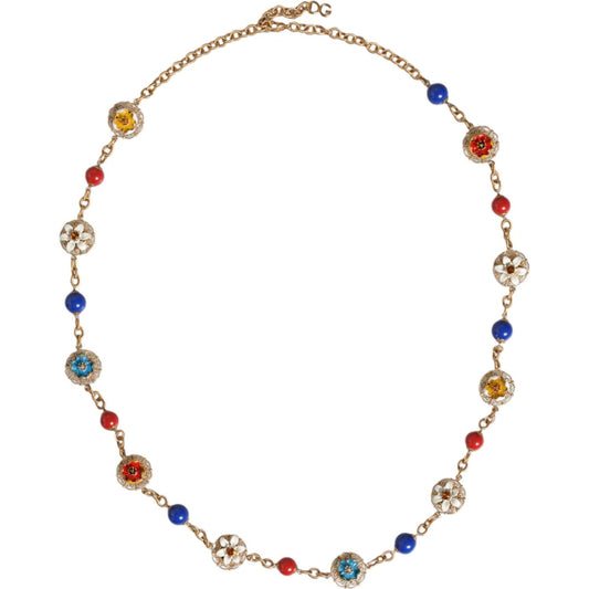 Dolce & Gabbana Gold Tone Brass Chain Floral Crystal Beaded Necklace Necklace Dolce & Gabbana Light Gray