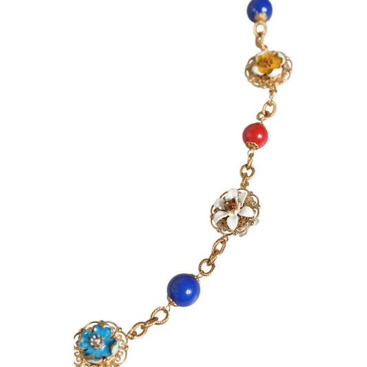 Dolce & Gabbana Gold Tone Brass Chain Floral Crystal Beaded Necklace Necklace Dolce & Gabbana Rosy Brown