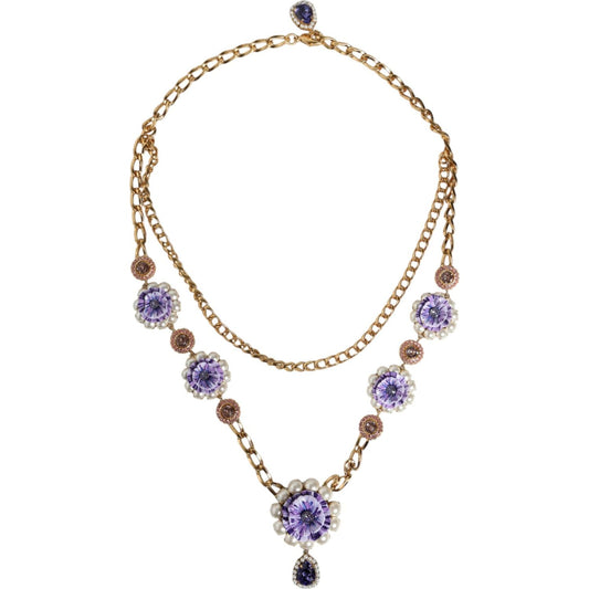 Dolce & Gabbana Gold Tone Floral Crystals Embellished Layered Necklace Necklace Dolce & Gabbana Light Gray