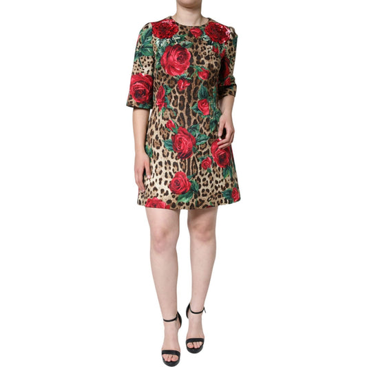 Dolce & Gabbana Brown Leopard Red Roses Cotton A-line Dress Dolce & Gabbana Rosy Brown