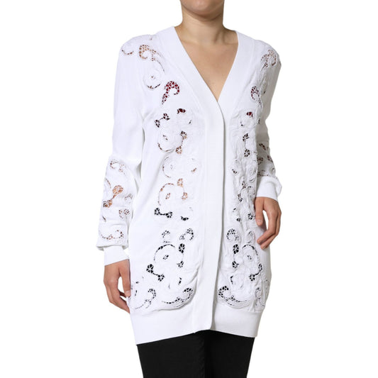 Dolce & Gabbana White Viscose Floral Cut Out Cardigan Sweater Dolce & Gabbana Lavender