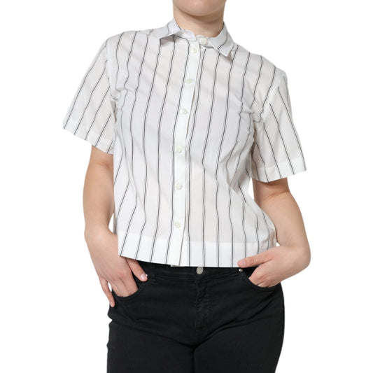 Dolce & Gabbana White Striped Collared Short Sleeve Polo Top Dolce & Gabbana Black