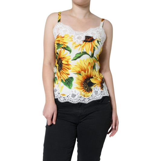 Dolce & Gabbana White Silk Sunflower Lace Sleeveless Tank Top Dolce & Gabbana Black