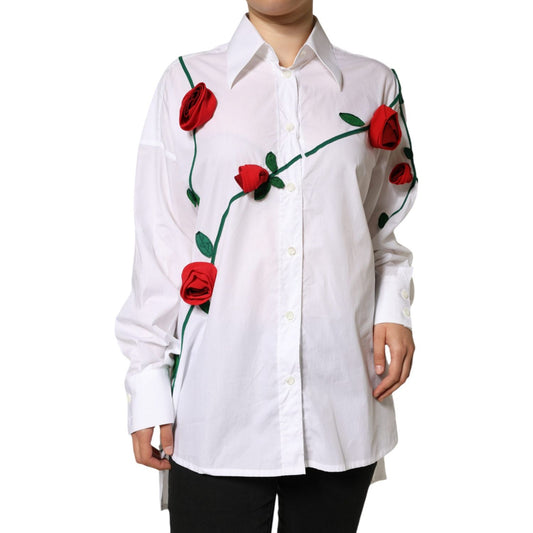 Dolce & Gabbana White Cotton Flower Applique Dress Shirt Top Dolce & Gabbana Light Gray