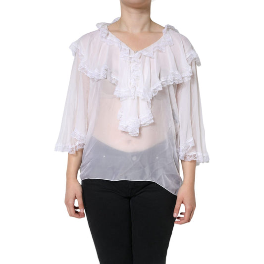 Dolce & Gabbana White Ruffles Lace Long Sleeve Blouse Top Dolce & Gabbana Light Gray