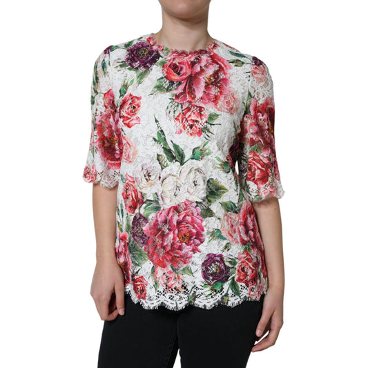 Dolce & Gabbana White Peony Lace Short Sleeves Blouse Top Dolce & Gabbana Rosy Brown