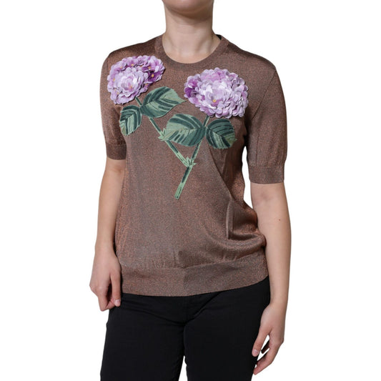 Dolce & Gabbana Brown Floral Applique Viscose Short Sleeve Top Dolce & Gabbana Dim Gray
