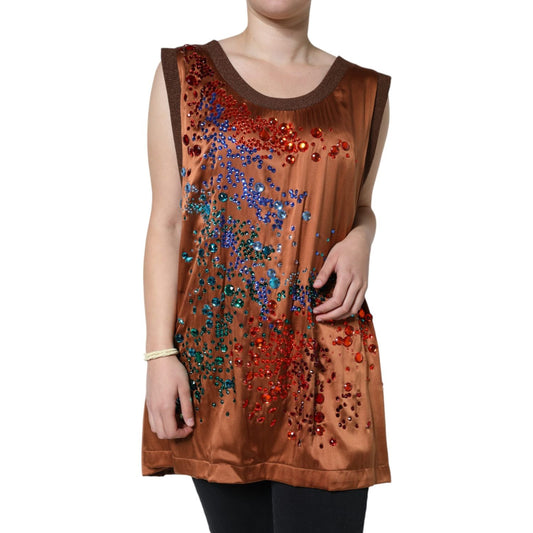 Dolce & Gabbana Brown Crystal Embellished Sleeveless Tank Top Dolce & Gabbana Saddle Brown