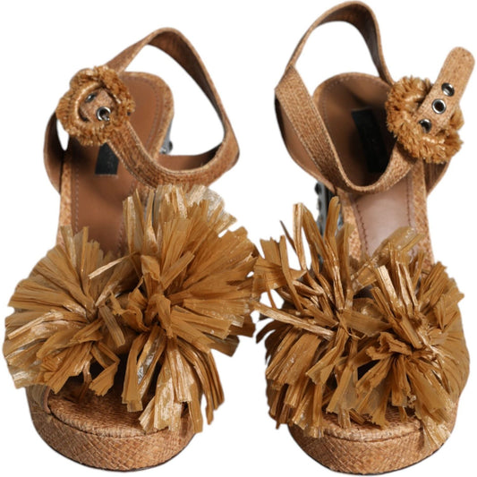 Dolce & Gabbana Brown Raffia Ankle Strap Crystal Sandals Shoes LA11662-40