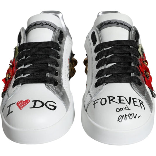 Dolce & Gabbana White Leather Floral Studded Sneakers Shoes Dolce & Gabbana Light Gray