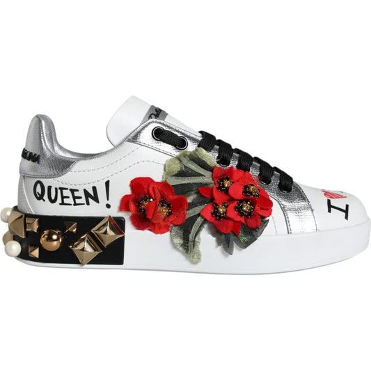 Dolce & Gabbana White Leather Floral Studded Sneakers Shoes Dolce & Gabbana Black