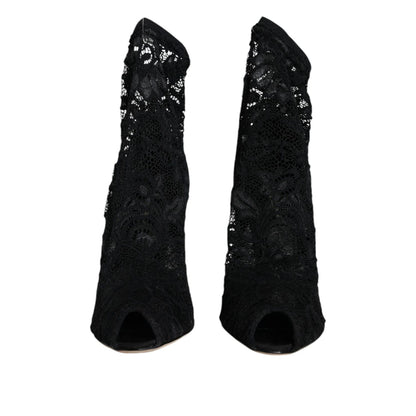 Dolce & Gabbana Black Lace Stretch Heels Mid Calf Boot Shoes