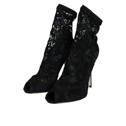 Dolce & Gabbana Black Lace Stretch Heels Mid Calf Boot Shoes