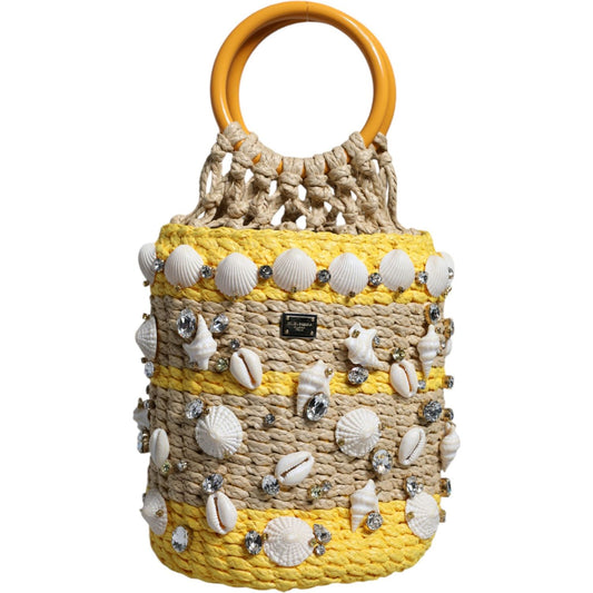 Dolce & Gabbana Beige Yellow Rafia Seashells Crystal Bucket Bag Dolce & Gabbana Dark Khaki