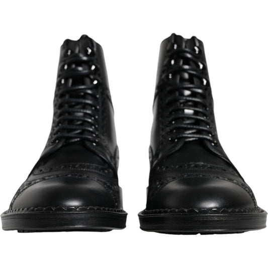 Dolce & Gabbana Black Leather Lace Up Mid Calf Boots Shoes Dolce & Gabbana Black