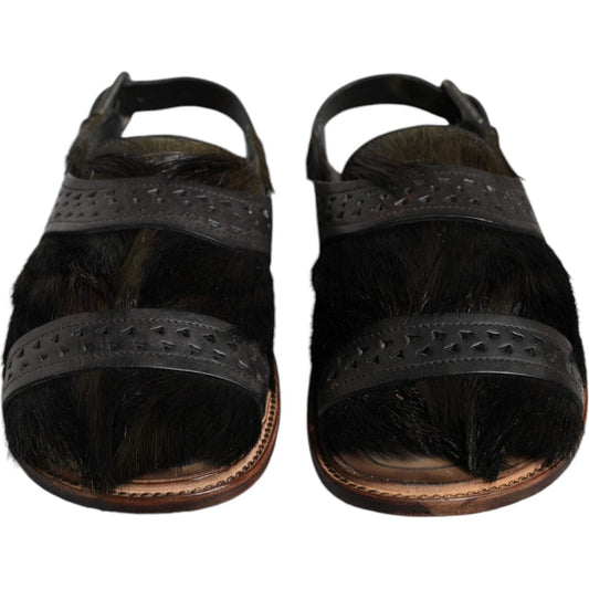 Dolce & Gabbana Black Gazelle Hair Leather Flats Sandals Shoes Dolce & Gabbana Black