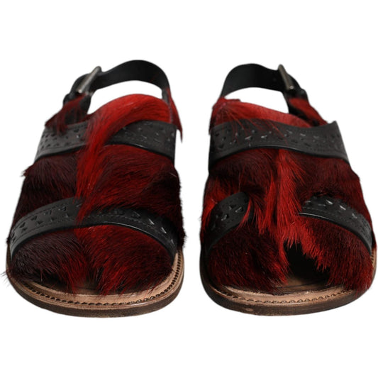 Dolce & Gabbana Black Red Gazelle Hair Leather Sandals Shoes Dolce & Gabbana Black