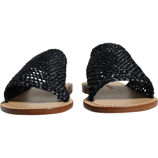 Dolce & Gabbana Black Monochrome Braided Raffia Slides Shoes Dolce & Gabbana Black