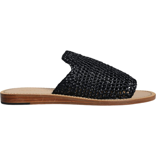 Dolce & Gabbana Black Monochrome Braided Raffia Slides Shoes Dolce & Gabbana Black