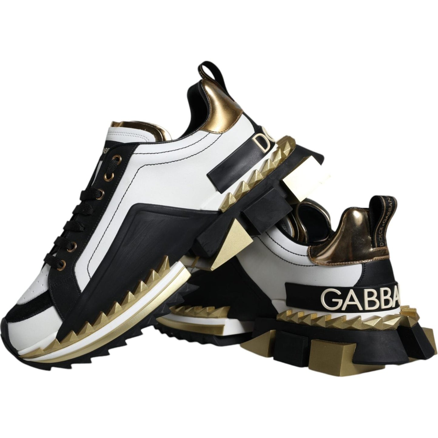 Dolce & Gabbana White Gold Black Leather SUPER KING Sneakers Shoes MV5275-41