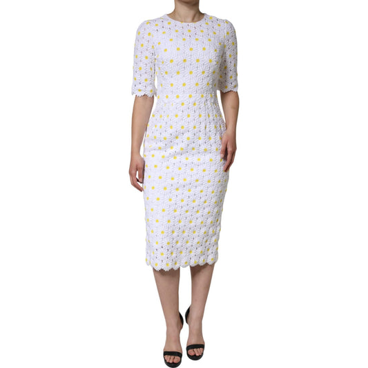 Dolce & Gabbana White Daisy Macrame Lace Sheath Midi Dress Dolce & Gabbana Light Gray