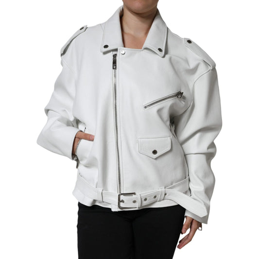 Dolce & Gabbana White Lambskin Leather Biker Coat Jacket Dolce & Gabbana Light Gray