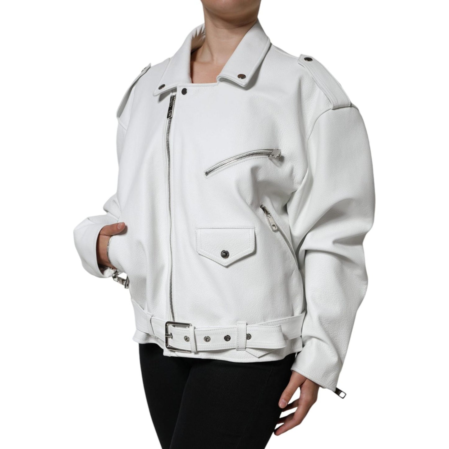 Dolce & Gabbana White Lambskin Leather Biker Coat Jacket Dolce & Gabbana Light Gray