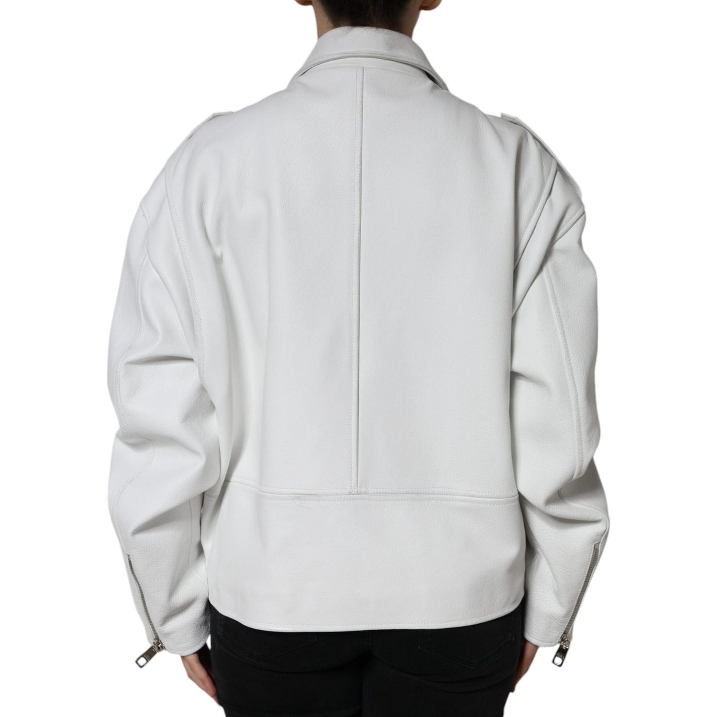 Dolce & Gabbana White Lambskin Leather Biker Coat Jacket Dolce & Gabbana Light Gray
