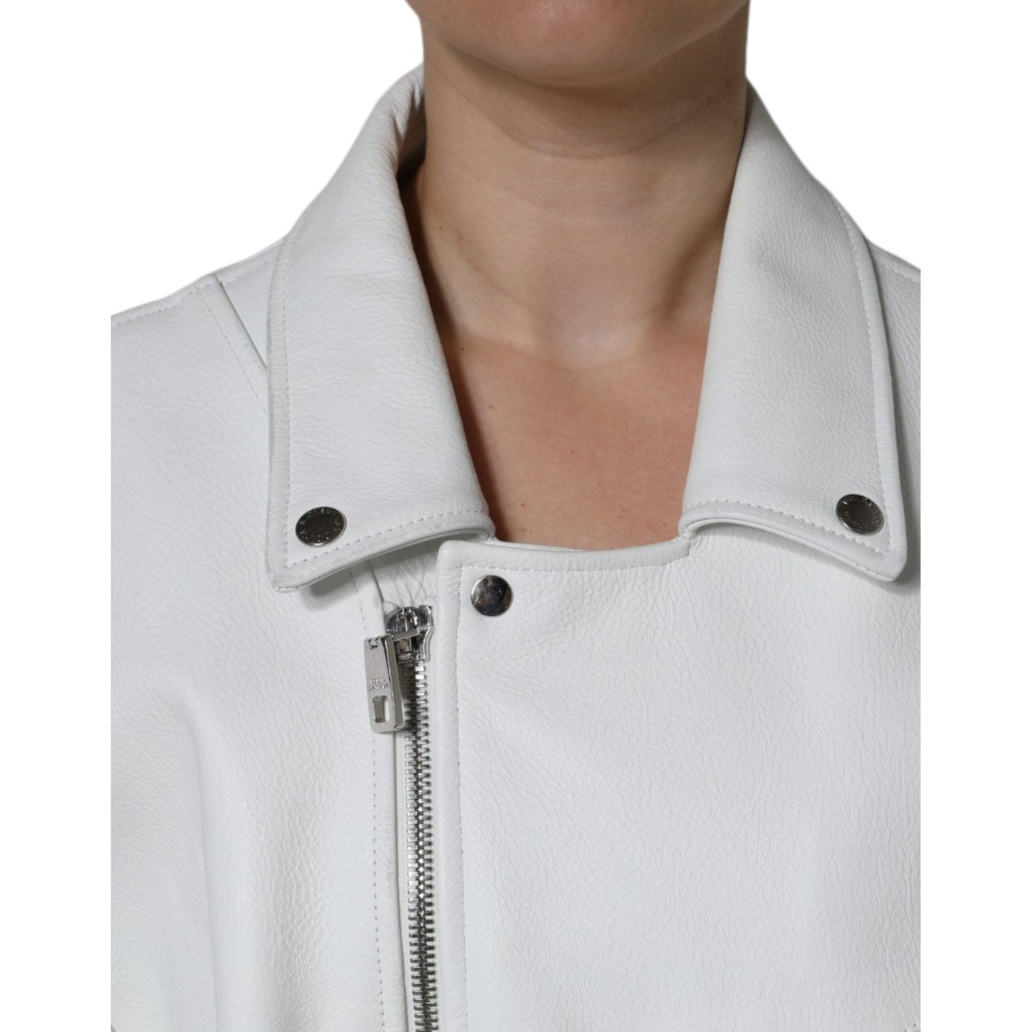 Dolce & Gabbana White Lambskin Leather Biker Coat Jacket Dolce & Gabbana Light Gray