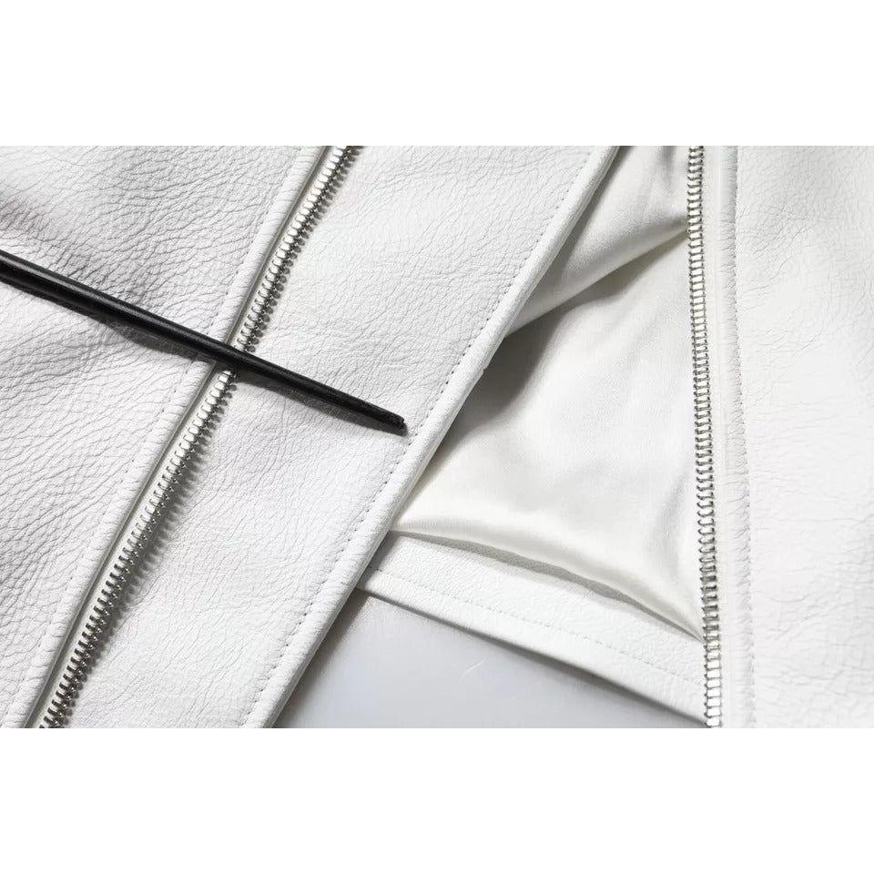 Dolce & Gabbana White Lambskin Leather Biker Coat Jacket Dolce & Gabbana Light Gray