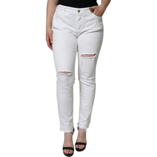 Dolce & Gabbana White Cotton Stretch Tattered Skinny Jeans Dolce & Gabbana Gray