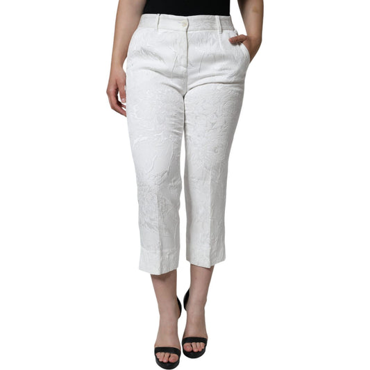 Dolce & Gabbana White Floral Brocade Cotton Cropped Pants Dolce & Gabbana Gray