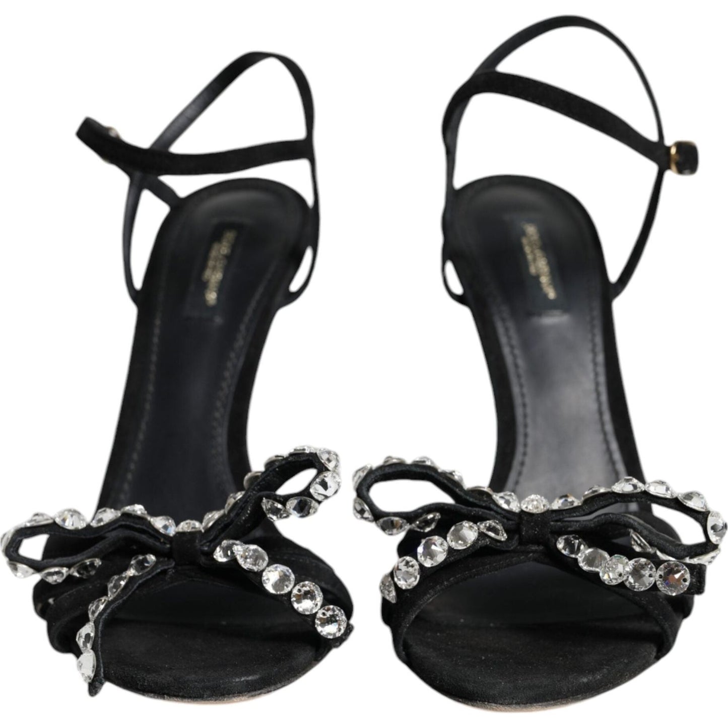 Dolce & Gabbana Black Leather Crystal Bow Heels Sandals Shoes