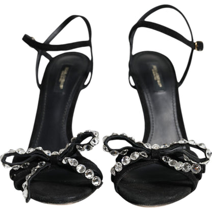 Dolce & Gabbana Black Leather Crystal Bow Heels Sandals Shoes